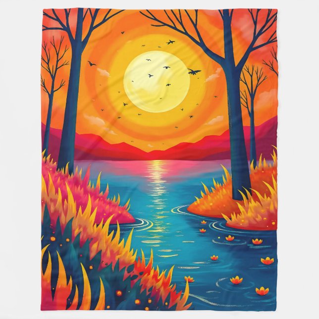Couverture Polaire Dreamy Vibrant Sunset Lake Forest Illustration (Devant)