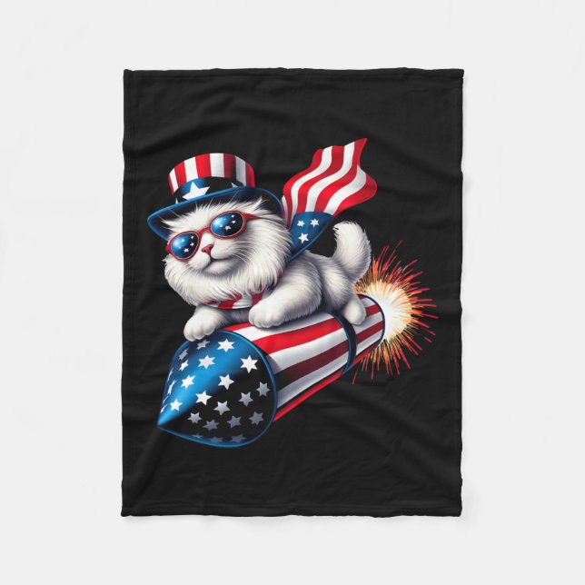 Couverture Polaire Drôle 4 juillet Patriotic Cat Rocket avec Firewo (Devant)