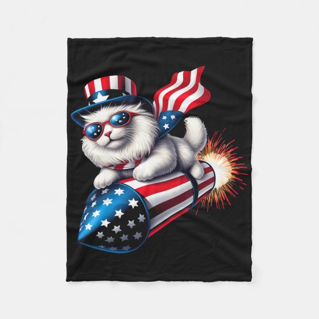 Couverture Polaire Drôle 4 juillet Patriotic Cat Rocket avec Firewo (Devant)