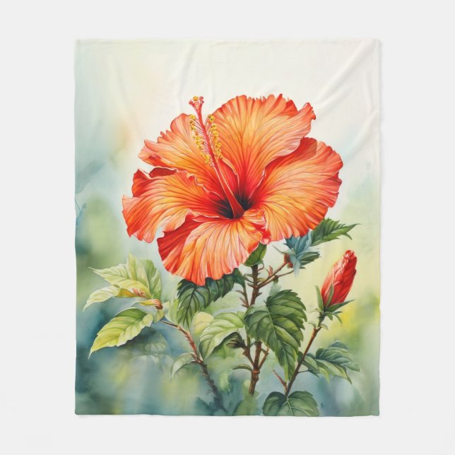 Couverture Polaire Écharpe florale aquarelle à l'hibiscus orange (Devant)