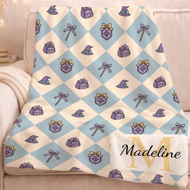 Couverture Polaire École de sorcier personnalisée monogramme bleu nom (Créateur téléchargé)
