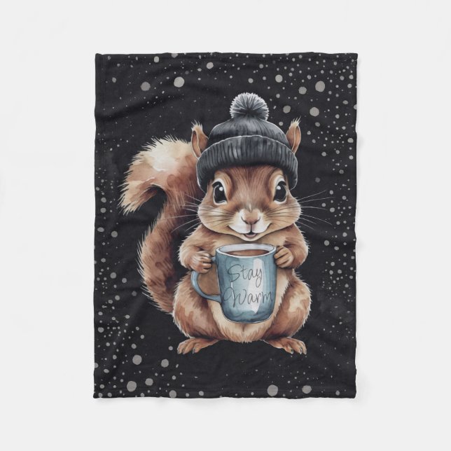 Couverture Polaire Écureuil avec tasse et neige "Stay Warm" (Devant)