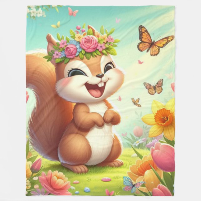 Couverture Polaire Écureuil du printemps mignon et heureux (Devant)
