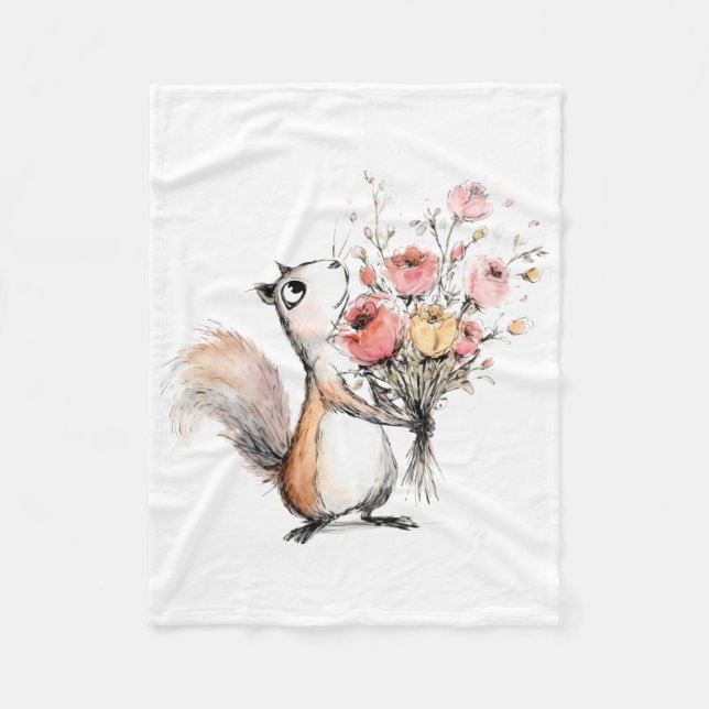 Couverture Polaire Écureuil mignon avec bouquet de fleurs (Devant)