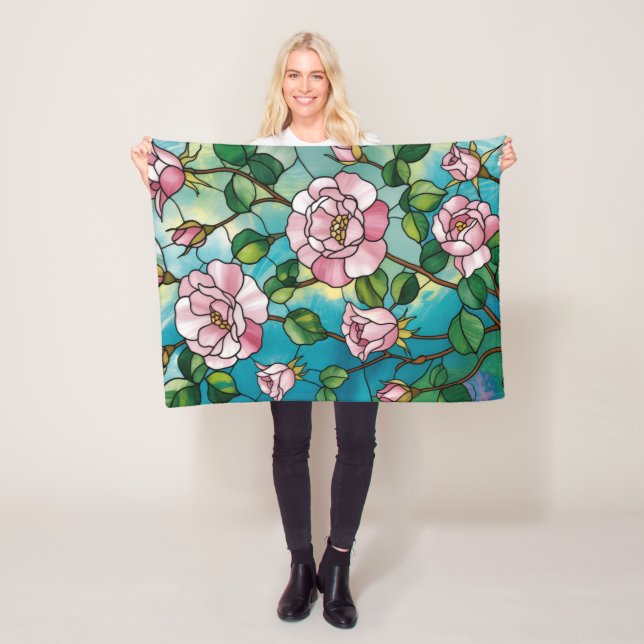 Couverture Polaire Effet de vitrail floral Fleurs roses Botanique (En situation)