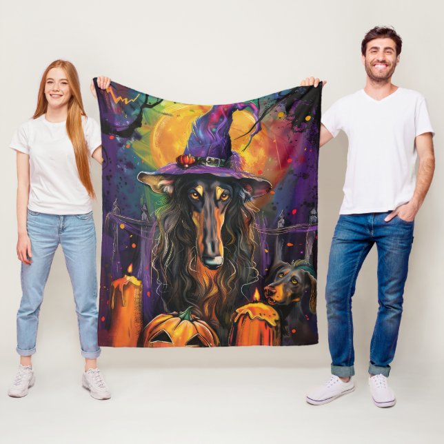 Couverture Polaire Éffrayant Afghan Hound Halloween sorcière et Citro (En situation)