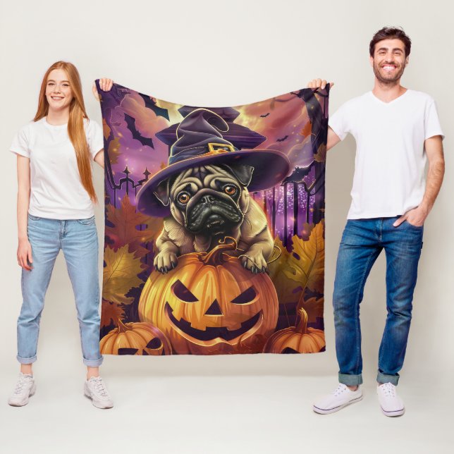 Couverture Polaire Éffrayant Carlin Chien Halloween Sorcière Et Citro (En situation)