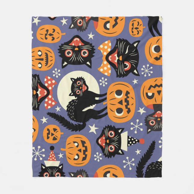 Couverture Polaire Éffrayant Chats Citrouilles Violet Motif (Devant)