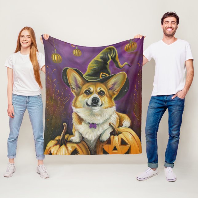Couverture Polaire Éffrayant Corgi Chien Halloween Citrouille sorcier (En situation)