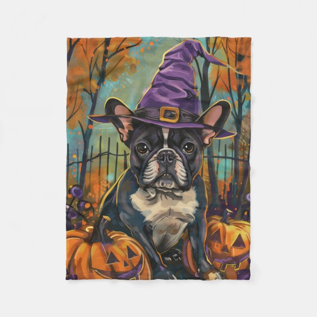 Couverture Polaire Éffrayant Français Bulldog Halloween sorcière et C (Devant)