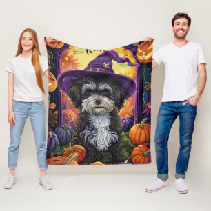 Couverture Polaire Éffrayant Havanais Chien Halloween sorcière et Cit