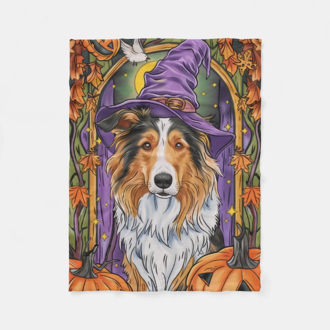 Couverture Polaire Éffrayant Rough Collie Chien Halloween Citrouille  (Devant)