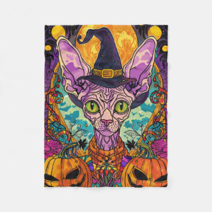 Couverture Polaire Éffrayant Sphynx Chat Halloween sorcière et Citrou