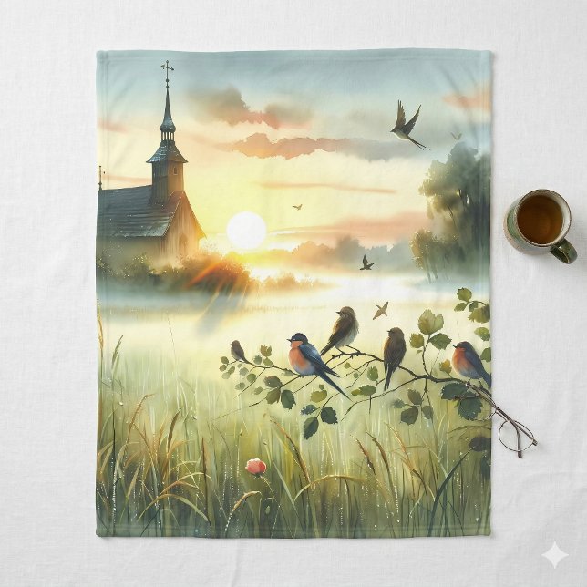 Couverture Polaire Église au lever du soleil avec oiseaux dans un pré (Sunrise Church with Birds in Misty Meadow No Verse Fleece Blanket With Morning Coffee)