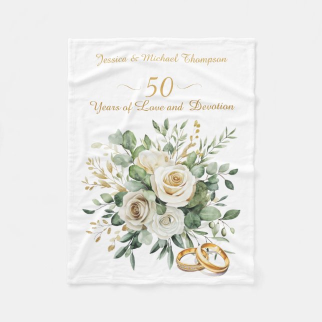 Couverture Polaire Élégant 50e anniversaire Roses blanches Bagues or (Devant)