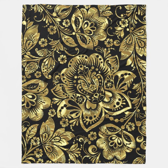 Couverture Polaire Élégant Baroque Floral Damas En Or & Noir (Devant)