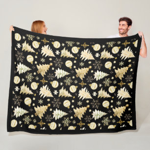 Couverture Polaire Élégant Black Gold Snowflakes Christmas Tree Balls