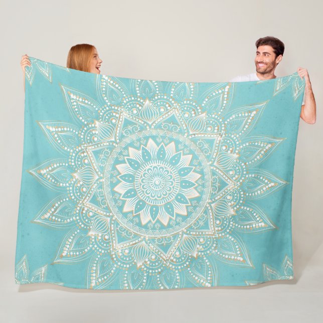 Couverture Polaire Elégant Blanc Gold Mandala Sky Blue Design (En situation)