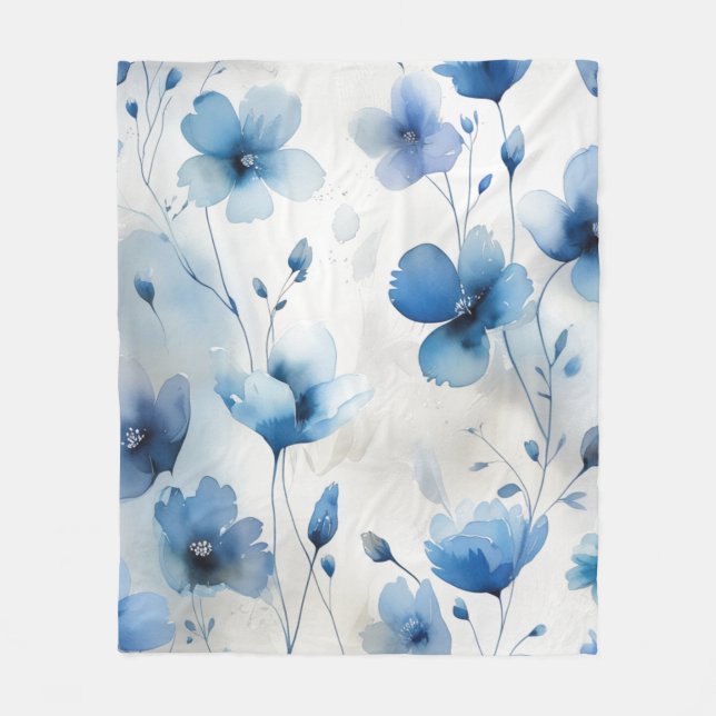 Couverture Polaire Elégant bleu blanc floral argent (Devant)