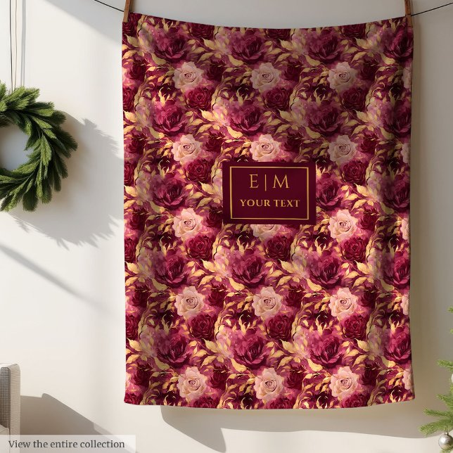 Couverture Polaire Elégant Blush Bourgogne Or Floral Personnalisé (Elegant Blush Burgundy Gold Floral Personalized Blanket)