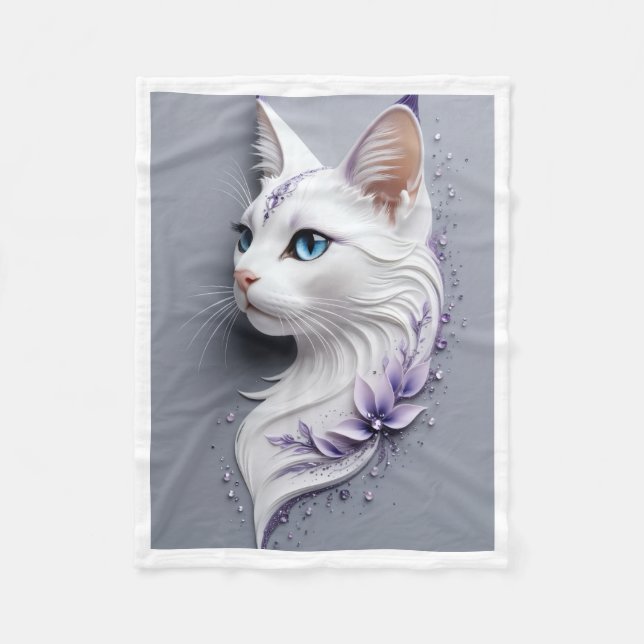 Couverture Polaire Élégant Chat Blanc avec Fleurs Violettes Couvertur (Devant)
