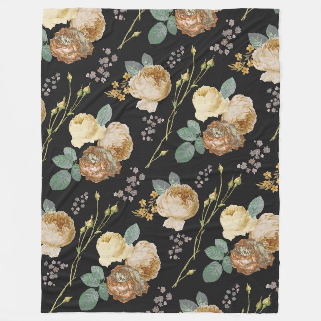 Couverture Polaire Élégant chic Rose de beige floral sur noir (Devant)
