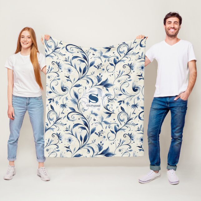 Couverture Polaire Élégant Feuilles Blue Paisley - Arrière - plan bla (En situation)