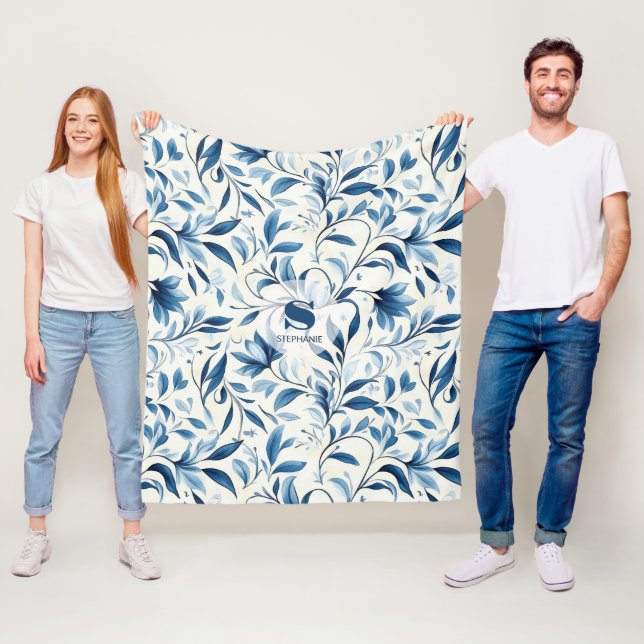 Couverture Polaire Élégant Feuilles Blue Paisley - Arrière - plan bla (En situation)