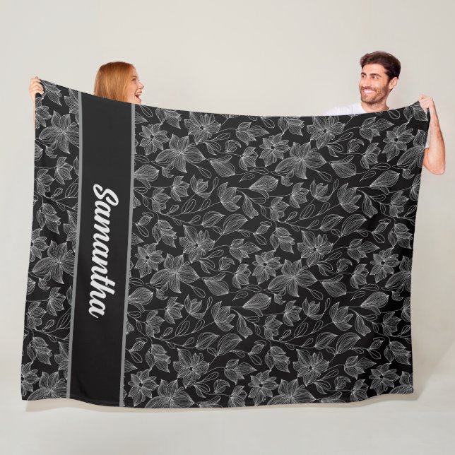 Couverture Polaire Elégant floral noir et blanc Personnalisé (En situation)