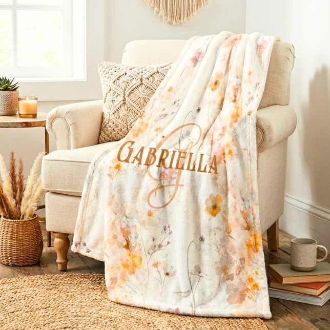 Couverture Polaire Elegant Floral Watercolor Custom Monogram (Créateur téléchargé)
