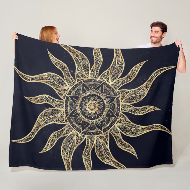 Couverture Polaire Elégant Gold Sun Mandala Blue Nebula Design (En situation)