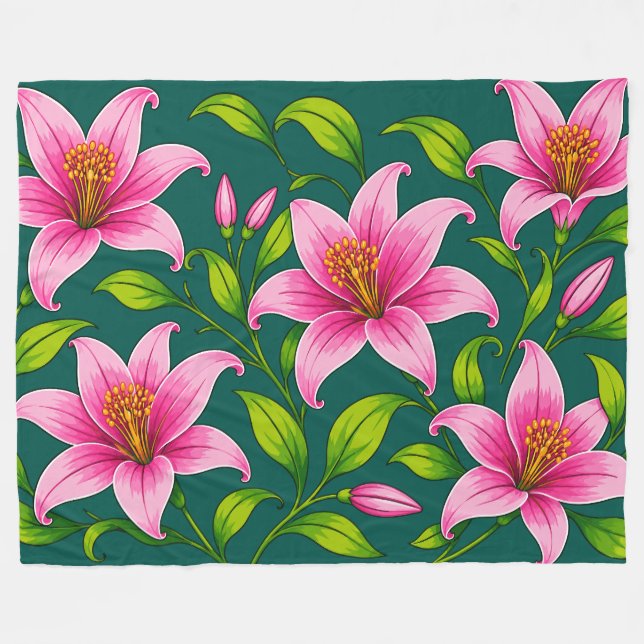 Couverture Polaire Élégant lys rose floral avec feuillage vert (Devant (Horizontal))
