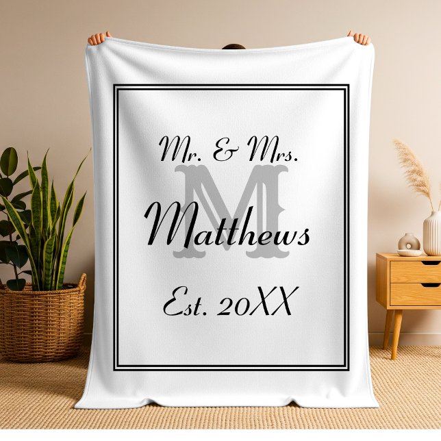 Couverture Polaire Élégant M. et Mme Monogram White (Elegant Black and White Monogram Initials Inline Fleece Blanket)