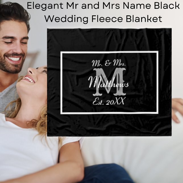 Couverture Polaire Élégant M. et Mme Nom Mariage noir (Elegant Mr and Mrs Name Black Wedding Fleece Blanket)