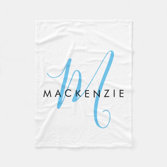 Couverture Polaire Élégant Moderne Ciel Blanc Bleu Monogramme Script (Devant)
