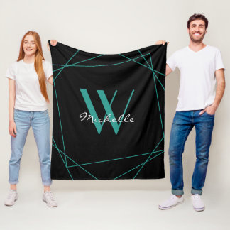 Couverture Polaire Élégant Monogramme noir Turquoise Nom géométrique