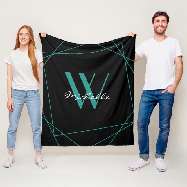 Couverture Polaire Élégant Monogramme noir Turquoise Nom géométrique  (En situation)