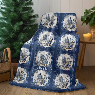 Couverture Polaire Élégant monogramme vintage Blue toile de jouy