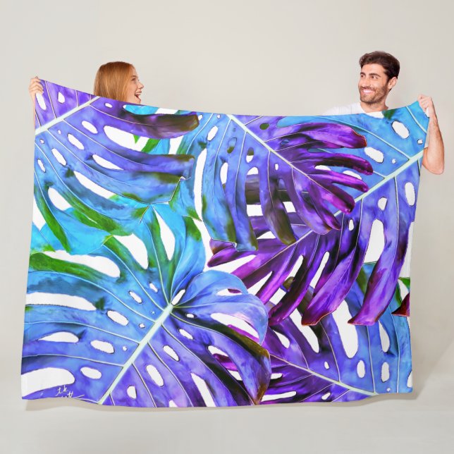 Couverture Polaire Élégant Motif de feuilles tropicales violettes ros (En situation)
