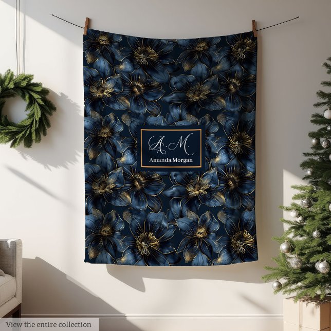 Couverture Polaire Elegant Navy Gold Blanket Custom Name Floral Art (Elegant Navy Gold Blanket Custom Name Floral Art)