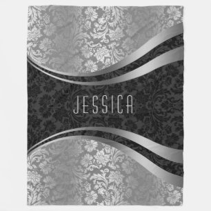 Couverture Polaire Elégant noir et gris argenté Damas florales