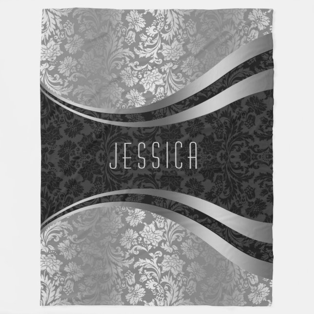 Couverture Polaire Elégant noir et gris argenté Damas florales (Devant)