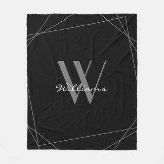 Couverture Polaire Élégant noir gris argent Monogramme Nom Script