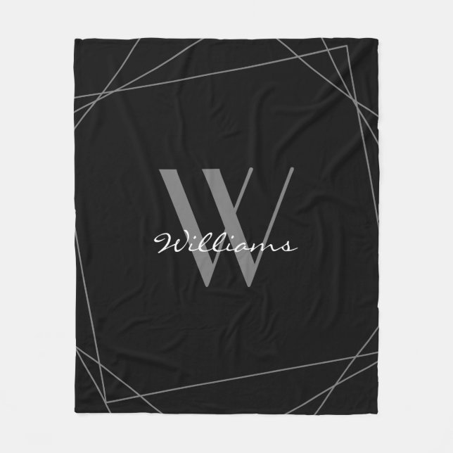 Couverture Polaire Élégant noir gris argent Monogramme Nom Script (Devant)