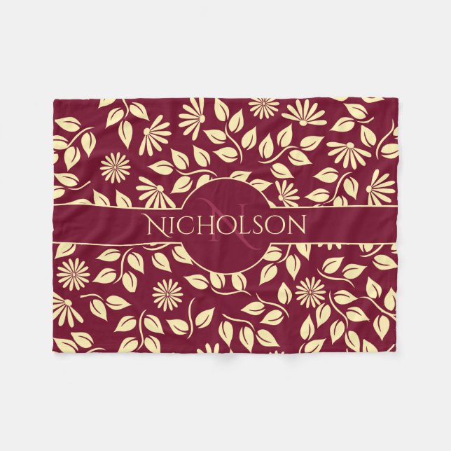 Couverture Polaire Élégant nom de monogramme Leaf Daisy Motif Bourgog (Devant (Horizontal))