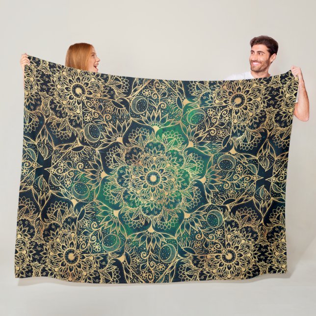 Couverture Polaire Elégant or Mandala Floral Vert bleu (En situation)