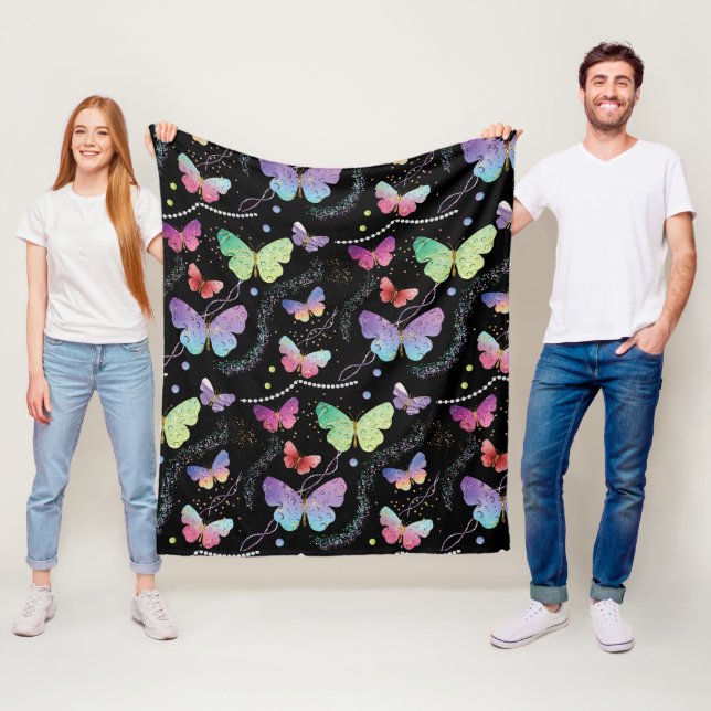 Couverture Polaire Élégant Papillons violets et bleus brillants (En situation)