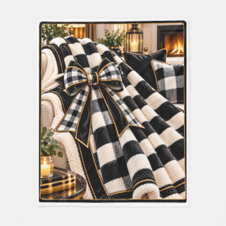 Couverture Polaire Élégant Plaid Noir & Blanc Nœud Doré Cozy T