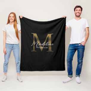 Couverture Polaire Élégant Script métal noir Monogramme or