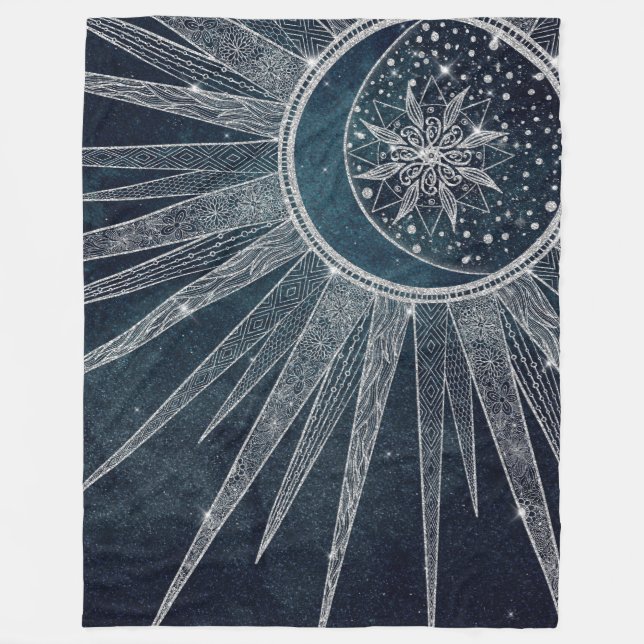 Couverture Polaire Elégant Silver Sun Moon Doodle Mandala Blue Design (Devant)